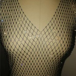 THE LUMi SHOP Dresses Rhinestone Black Fishnet Dress V- Body Jewelry
