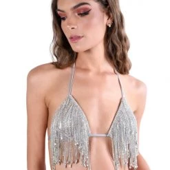 THE LUMI SHOP Silver Rhinestone Jewel Tassel Top