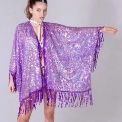 Lumishopusa Disco Sequin Tassel Kimono - Purple Holographic
