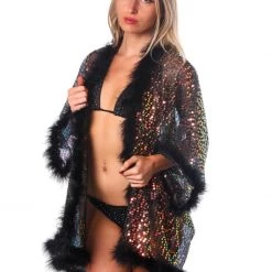THE LUMI SHOP Fuzzy Sequin Kimono- Black Prism