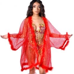THE LUMi SHOP Signature Sequin Kimonos Fuzzy Sequin Kimono - Red Glitter