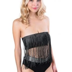 THE LUMI SHOP Black Rhinestone Tassel Top