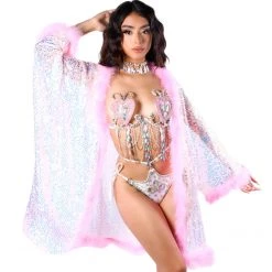 THE LUMI SHOP Fuzzy Sequin Kimono- Bubblegum