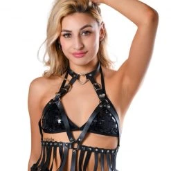 THE LUMI SHOP Black Heart Harness Fringe Top