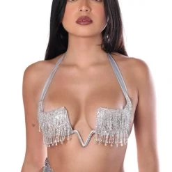 THE LUMI SHOP Silver Rhinestone Tassel Top SUMMER 2022
