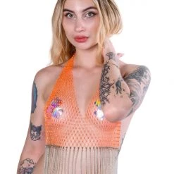 THE LUMI SHOP Citrus Orange Fishnet Top Tops