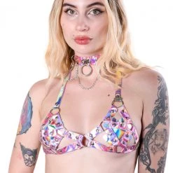 THE LUMI SHOP Space Hologram Harness Top & Choker- Baby Pink Tops