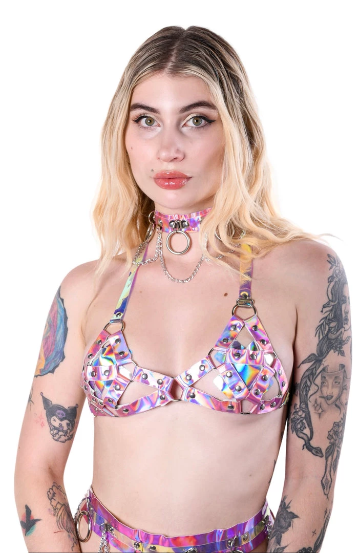 THE LUMI SHOP Space Hologram Harness Top & Choker- Baby Pink Tops 3 THE LUMI SHOP Space Hologram Harness Top & Choker- Baby Pink Tops