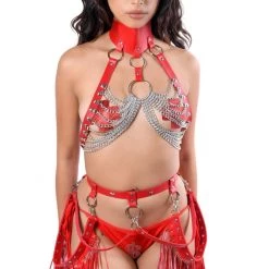THE LUMI SHOP Red Cowgirl Vegan Leather Harness Set Sequin Sets