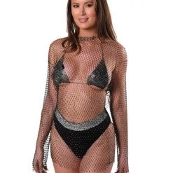 THE LUMi SHOP Tops Rhinestone Fishnet Sleeve Top