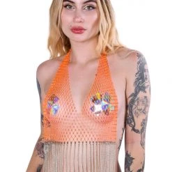 THE LUMI SHOP Citrus Orange Fishnet Top Tops