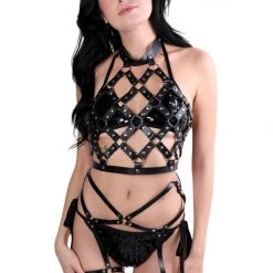THE LUMi SHOP Goth Black Vegan Leather Harness Halter Top Tops