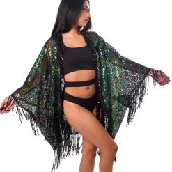 THE LUMI SHOP Sequin Tassel Kimono- Green Peacock