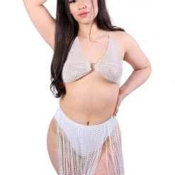 THE LUMI SHOP Sequin Sets White Rhinestone Bikini Tassel Set