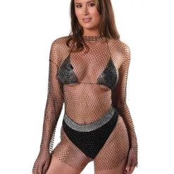 THE LUMi SHOP Tops Rhinestone Fishnet Sleeve Top