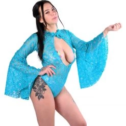 THE LUMI SHOP SPRING 2022 Bell Sleeve Bodysuit- Turquoise Lace