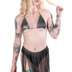 THE LUMI SHOP Sequin Sets Black Rhinestone Bikini Tassel Set