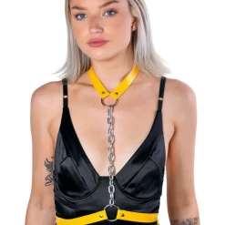 THE LUMI SHOP Yellow Vegan Leather Harness Chain Top
