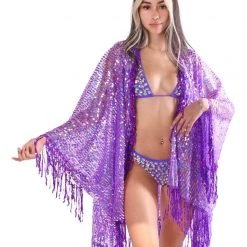 Lumishopusa Disco Sequin Tassel Kimono - Purple Holographic