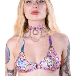 THE LUMI SHOP Space Hologram Harness Top & Choker- Baby Pink Tops