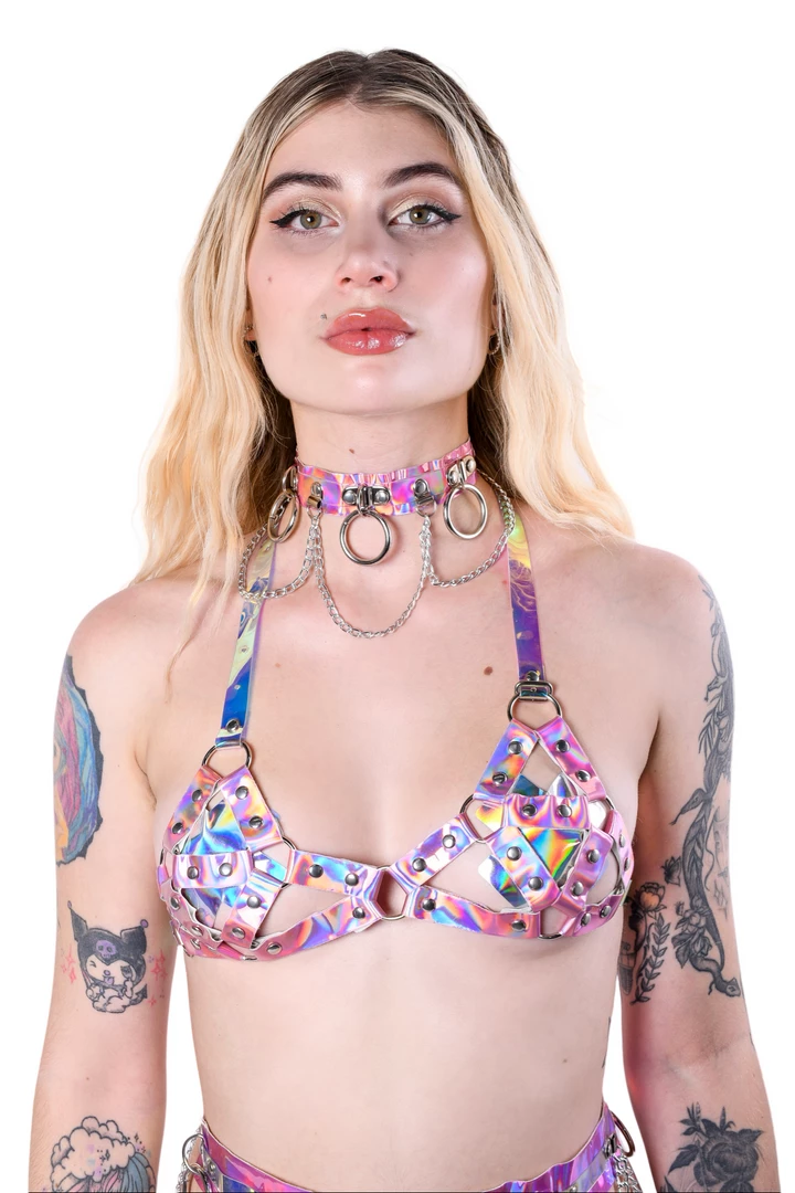 THE LUMI SHOP Space Hologram Harness Top & Choker- Baby Pink Tops 4 THE LUMI SHOP Space Hologram Harness Top & Choker- Baby Pink Tops