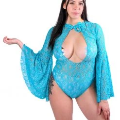 THE LUMI SHOP SPRING 2022 Bell Sleeve Bodysuit- Turquoise Lace