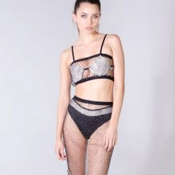 THE LUMi SHOP Black Crystal Fishnet Tube Top Tops