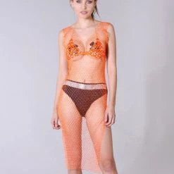 THE LUMi SHOP Dresses Crystal Fishnet Dress - Orange