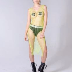 THE LUMi SHOP Crystal Fishnet Dress - Lime