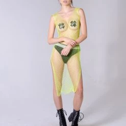 THE LUMi SHOP Crystal Fishnet Dress - Lime