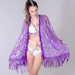Lumishopusa Disco Sequin Tassel Kimono - Purple Holographic