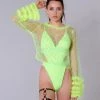 THE LUMi SHOP Neon Green Rhinestone Sleeve Top Tops