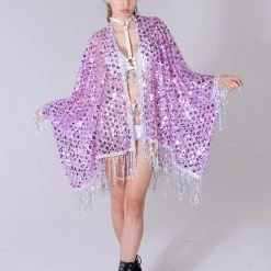 Lumishopusa Disco Sequin Tassel Kimono - Lavender