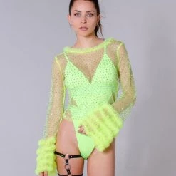 THE LUMi SHOP Neon Green Rhinestone Sleeve Top Tops