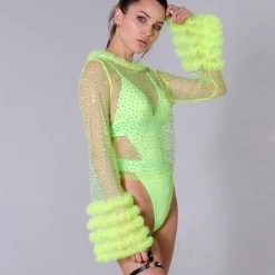 THE LUMi SHOP Neon Green Rhinestone Sleeve Top Tops