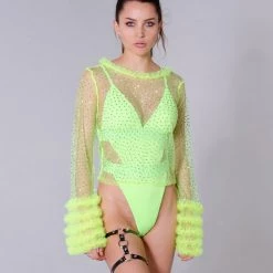 THE LUMi SHOP Neon Green Rhinestone Sleeve Top Tops