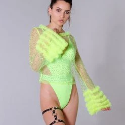 THE LUMi SHOP Neon Green Rhinestone Sleeve Top Tops