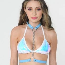 THE LUMi SHOP Blue Chain Cross Body Harness Top Tops