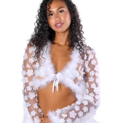 THE LUMI SHOP White Fuzzy 3D Floral Top Tops