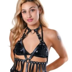 THE LUMI SHOP Black Heart Harness Fringe Top