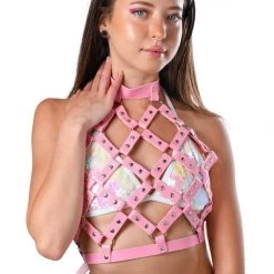 THE LUMi SHOP Miss Pink Vegan Leather Harness Halter Top Tops