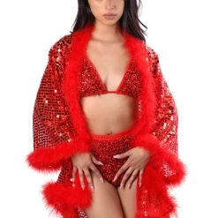 THE LUMI SHOP SPRING 2022 Sequin Fuzzy Kimono- Ruby Red