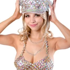 THE LUMI SHOP Silver Holographic Rhinestone Festival Hat SPRING 2022