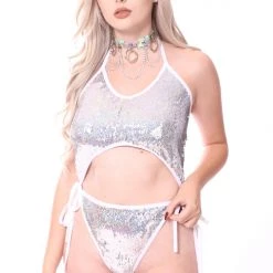 THE LUMi SHOP Disco Sequin Bodysuit - Silver Holographic Sequin Bodysuits