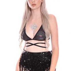 THE LUMi SHOP Black Mesh Sequin Triangle Top Sequin Tops