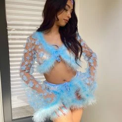 THE LUMI SHOP FULL OUTFIT - Blue Fuzzy 3D Floral Set W/ Hair Gem SPRING 2022