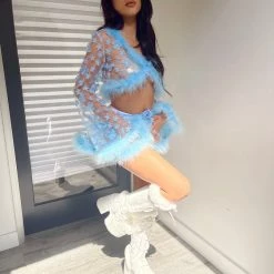 THE LUMI SHOP FULL OUTFIT - Blue Fuzzy 3D Floral Set W/ Hair Gem SPRING 2022