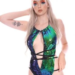 THE LUMi SHOP Peacock Reversible Sequin Bikini Bodysuit