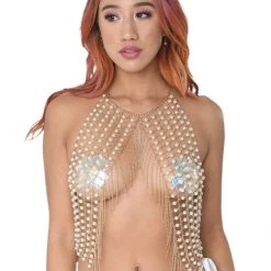 THE LUMi SHOP Pearl Tassel Chain Halter Top