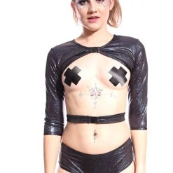 THE LUMi SHOP Obsidian Galaxy Buckle Up Sleeve Crop Top